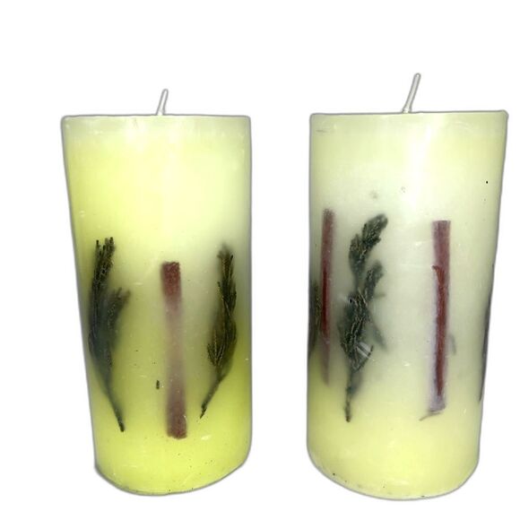 New 6”Aroma Bay Scented Pillar Candle Set Yellow Botanical Accents Pine Holiday - Picture 2 of 8